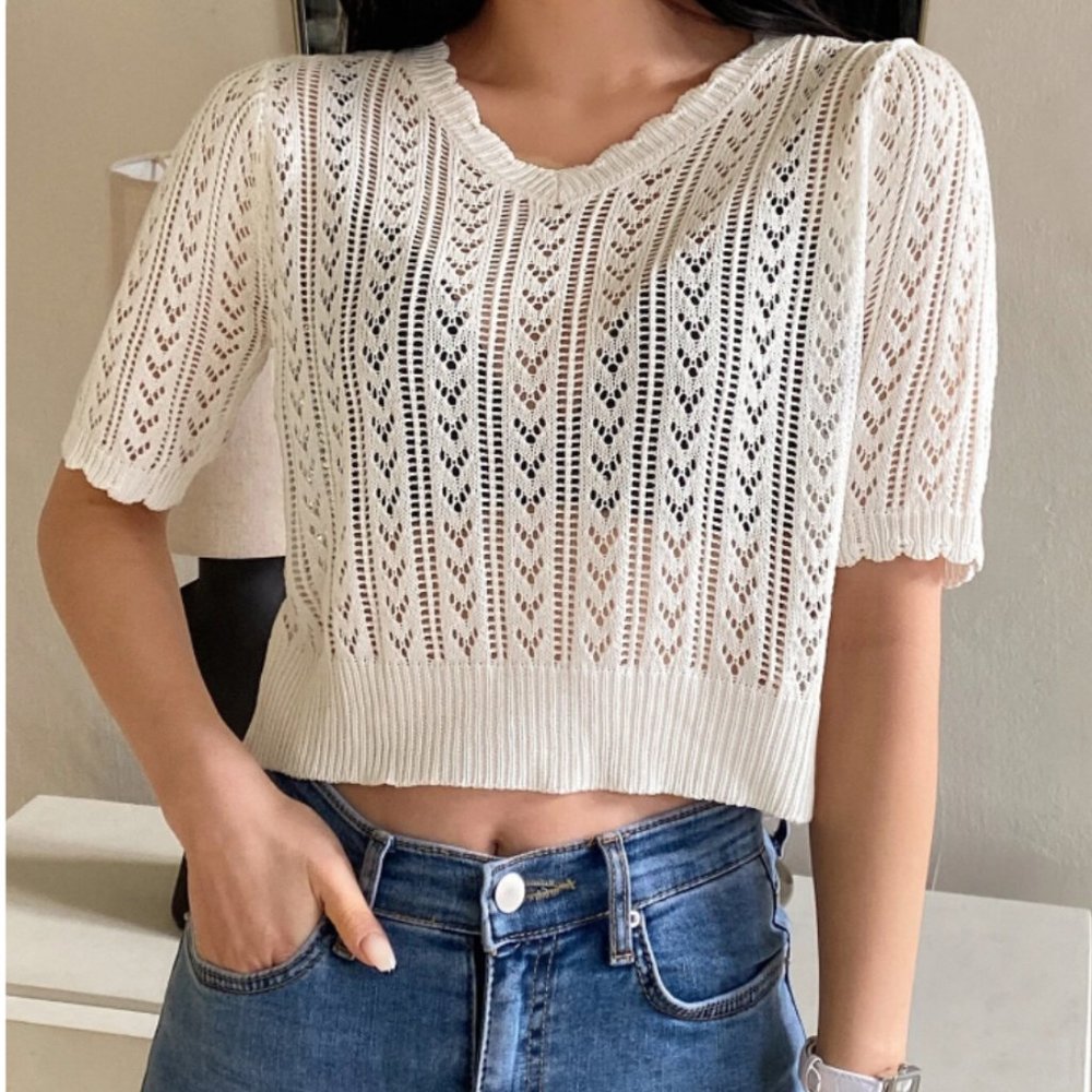 Scallop Trim Crop Pointelle Knit Top